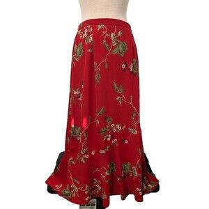 Vintage Sag Harbor Bright Red Floral Midi Skirt sz 12 Holiday Hipster Boho